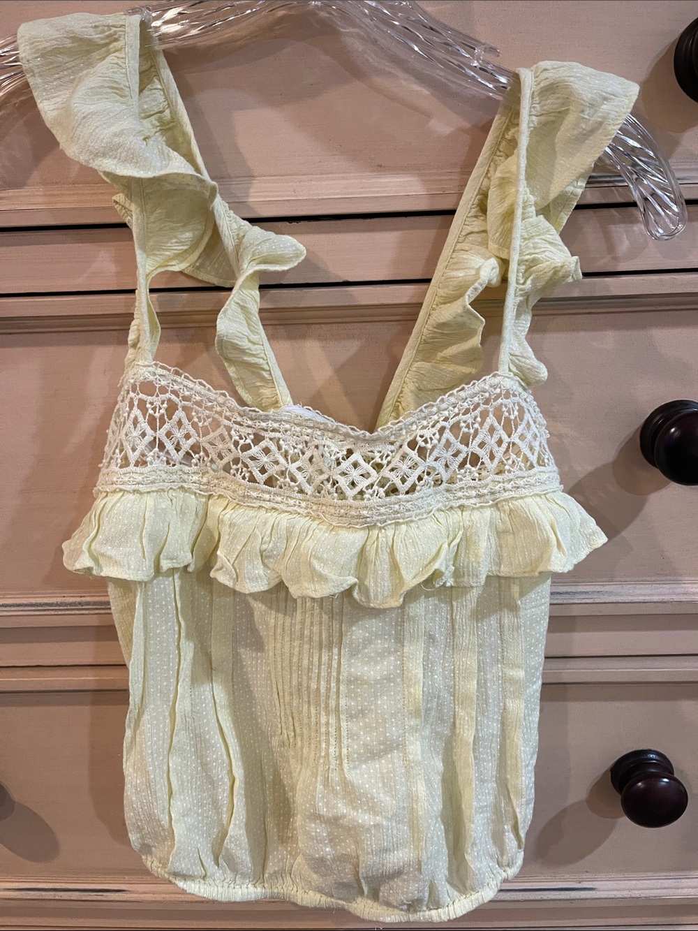 Free People Pale Yellow Ruffle Lace Tank Top